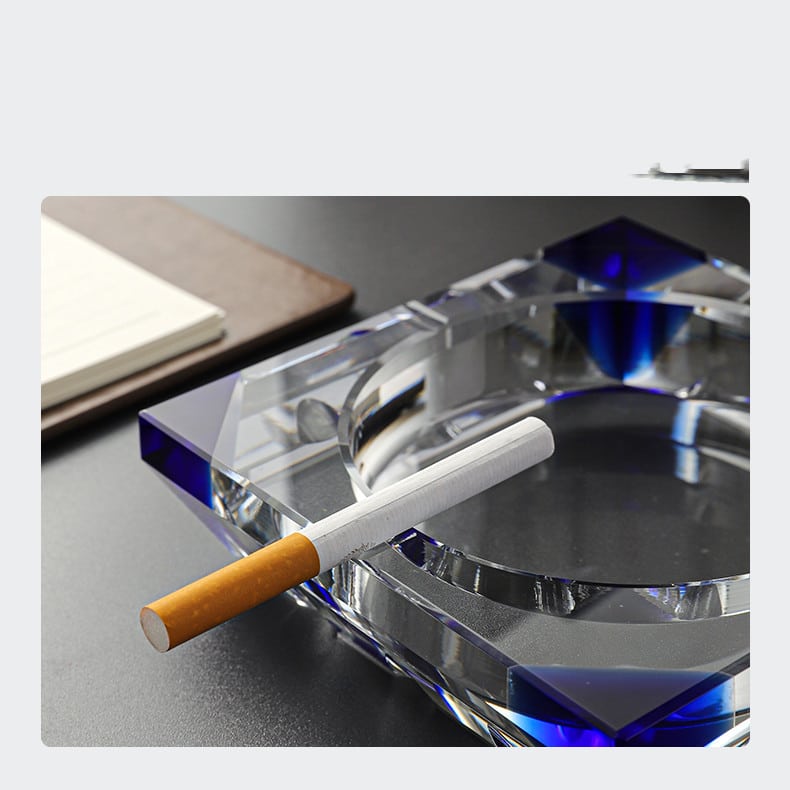 Large Crystal Glass Ashtray With Colored Corners