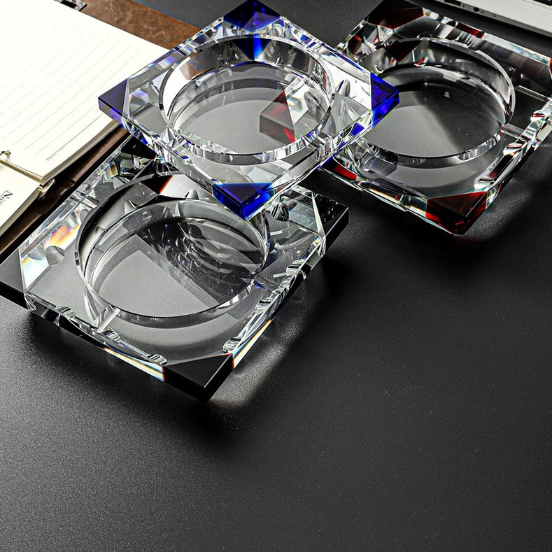 Large Crystal Glass Ashtray With Colored Corners