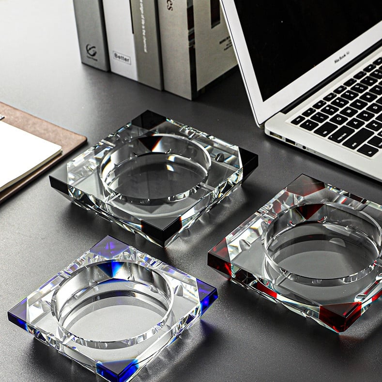Large Crystal Glass Ashtray With Colored Corners
