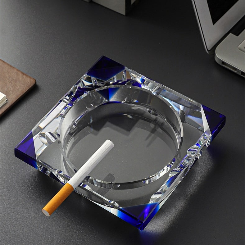 Large Crystal Glass Ashtray With Colored Corners