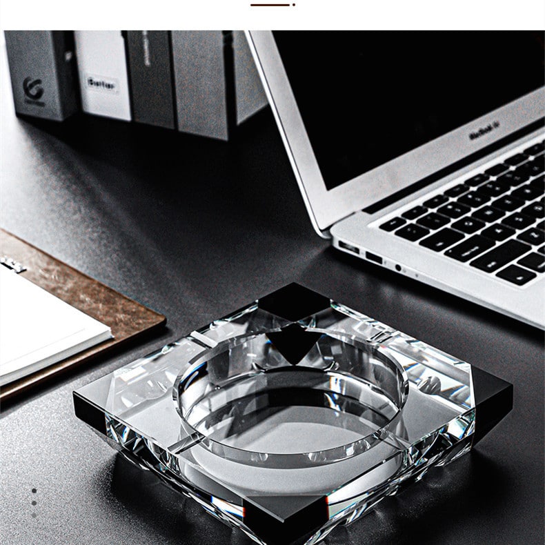 Large Crystal Glass Ashtray With Colored Corners