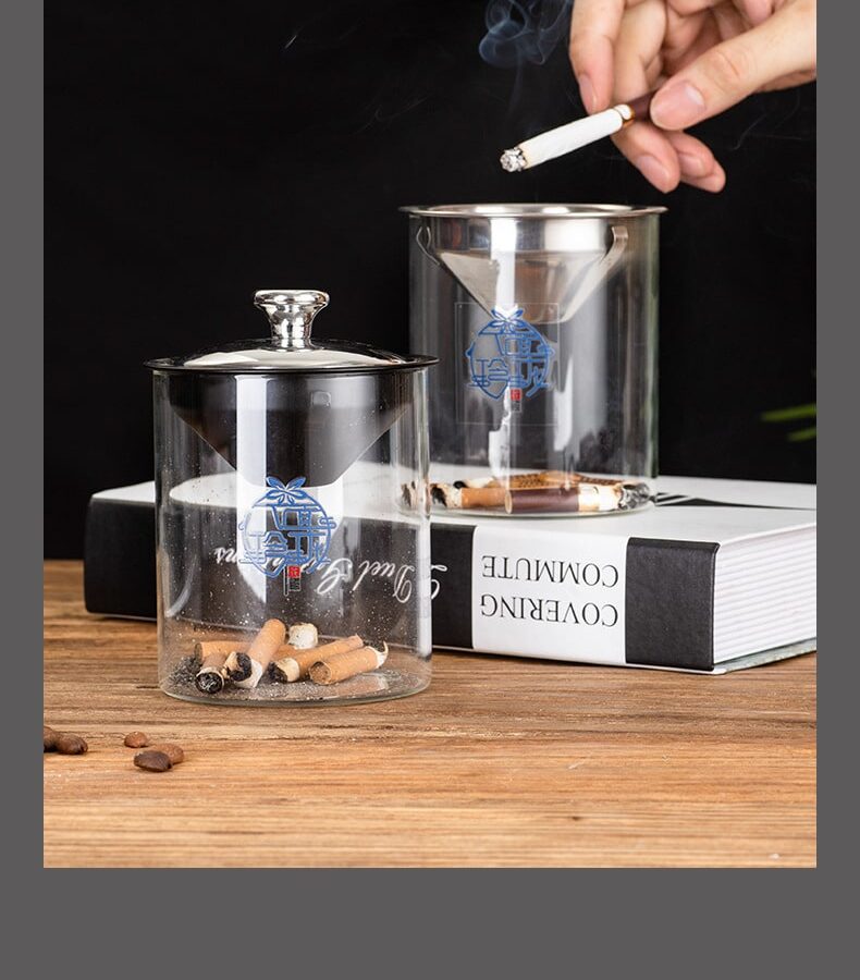 Large Glass Ashtray With Stainless Steel Funnel Cover