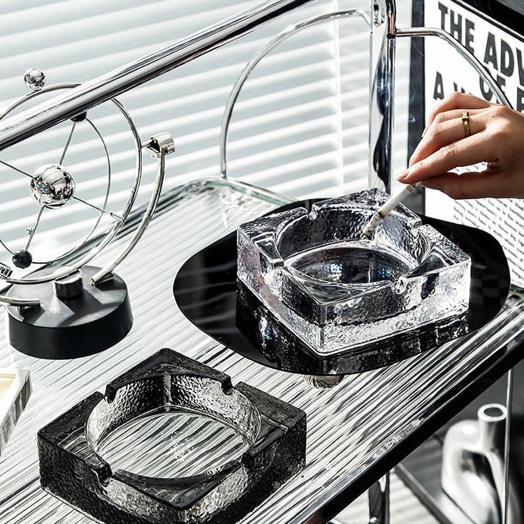 Large Square Crystal Glass Ashtrays