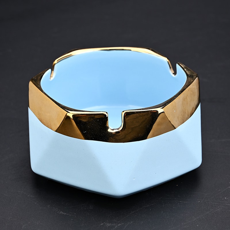 Light Blue Ceramic Ashtray With Golden Border