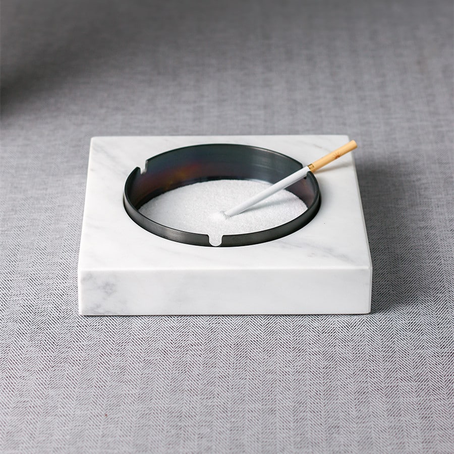 Marble Ashtray White With Black Inlay