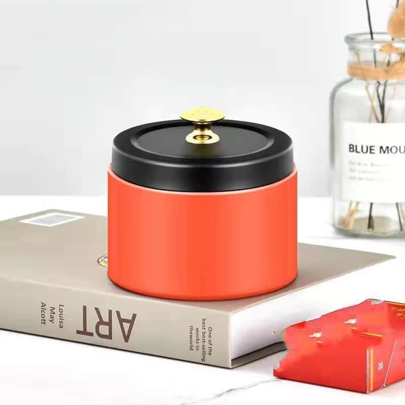 Orange Metal Ashtray With Lid Stainless Steel