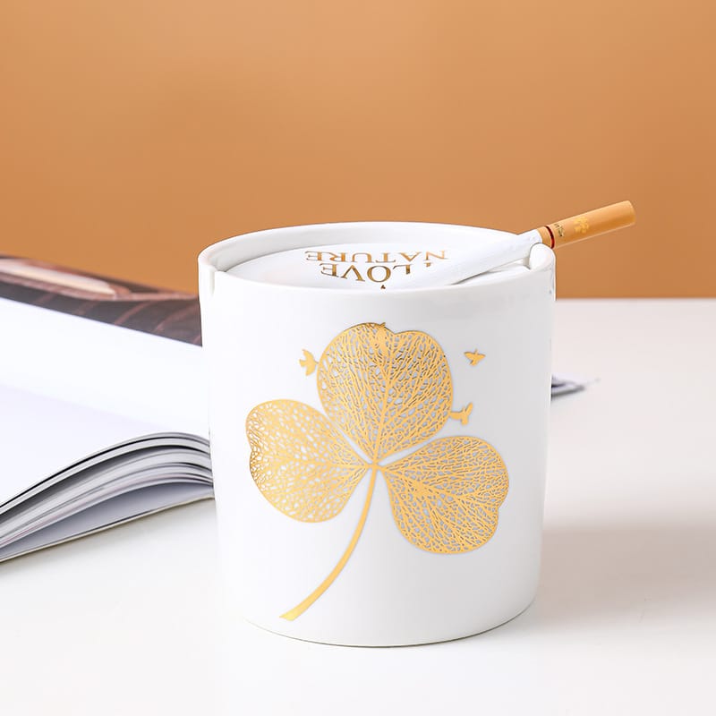 Outdoor Ashtray Covered Nordic Ceramic With Leaf Illustration