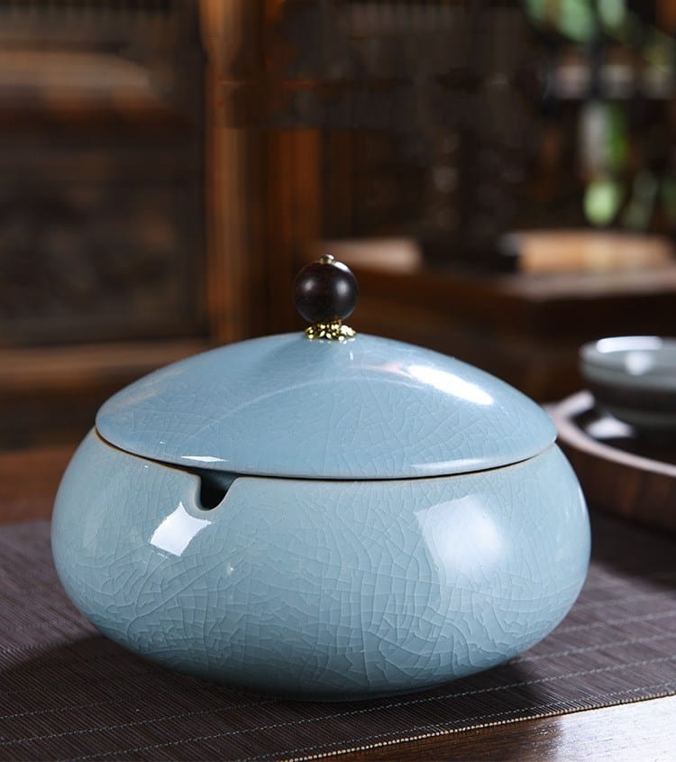 Outdoor Ashtray With Lid Blue Ceramic