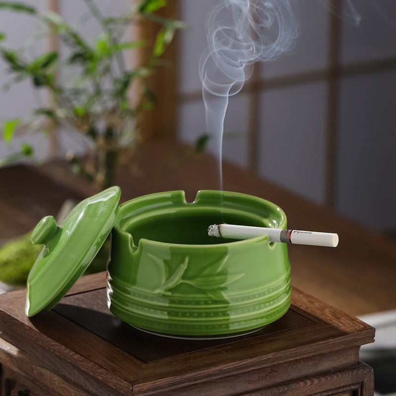 Outdoor Ashtray With Lid Windproof Green Ceramic
