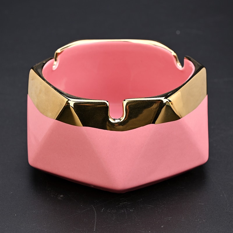Pink Ceramic Ashtray With Golden Border