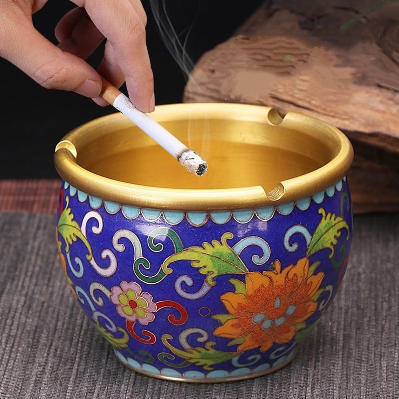 Pure Copper Ashtray With Flower Painting