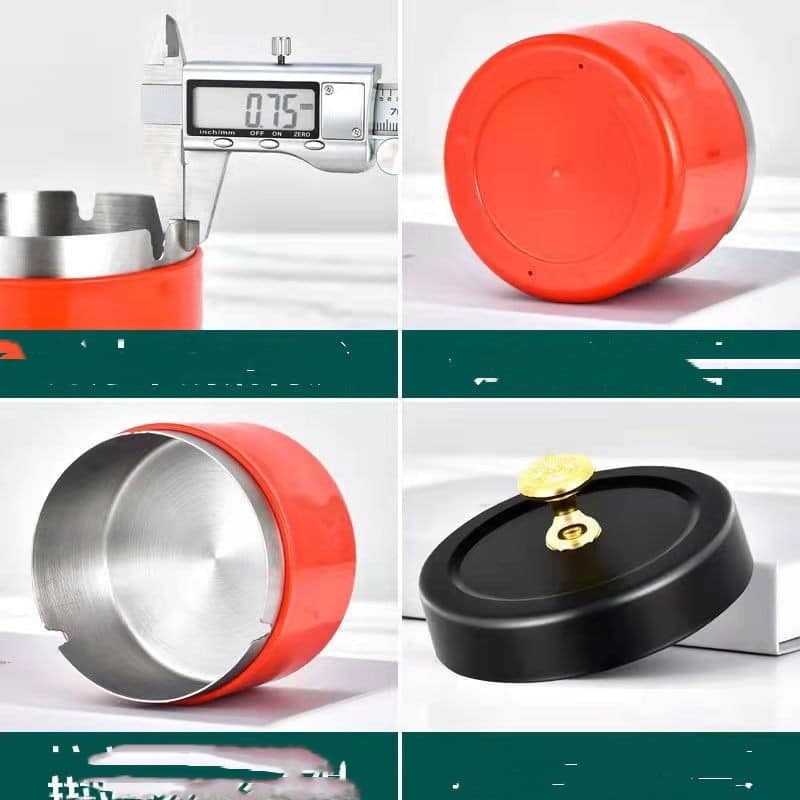 Red Ashtray Made From Stainless Steel Has A Black Cover