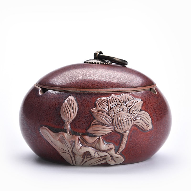 Red Ceramic Ashtray With Lid And Lotus Flower Paiting