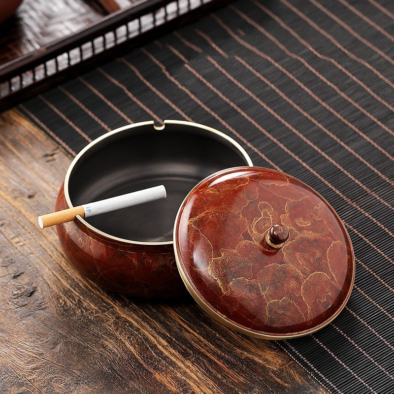 Red Metal Ashtray With Cover