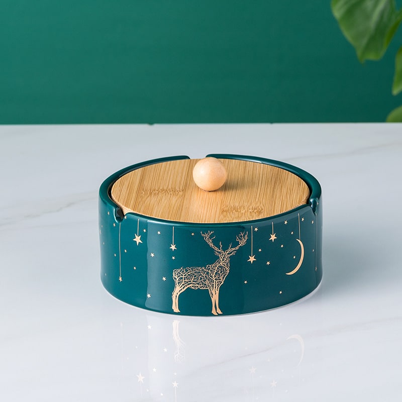 Simple Ceramic Outdoor Ashtray With Wood Lid