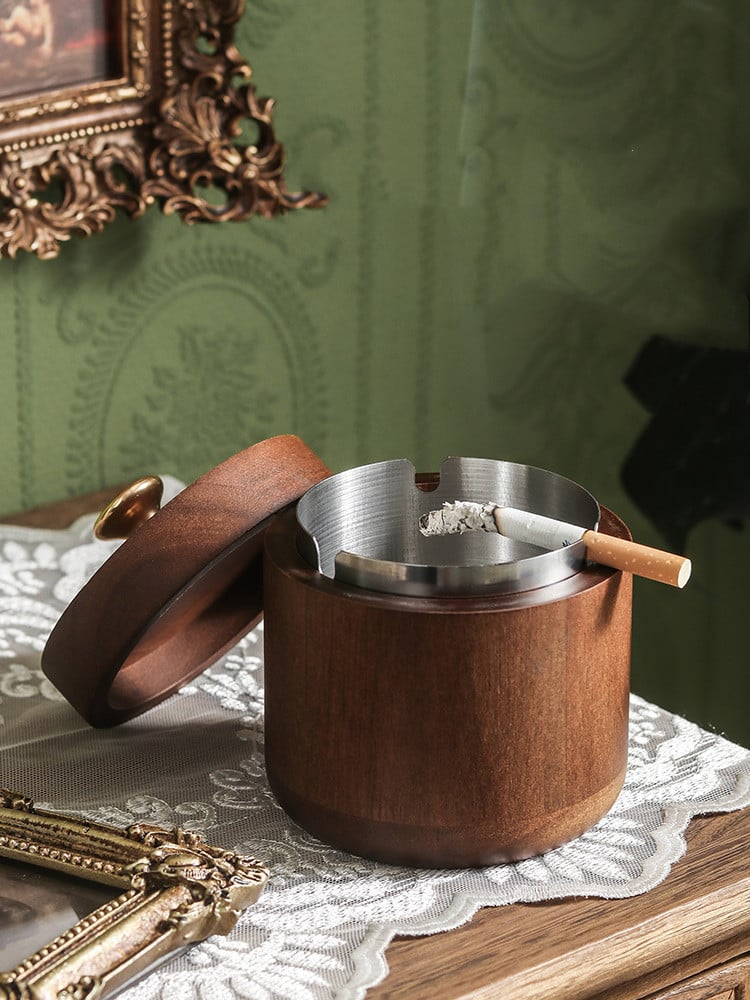 Smokeless Outdoor Ashtray With Lid Brown Wood For Garden