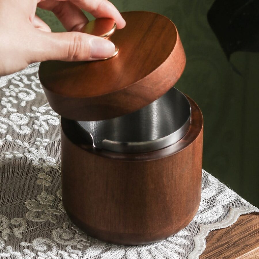 Smokeless Outdoor Ashtray With Lid Wooden And Windproof