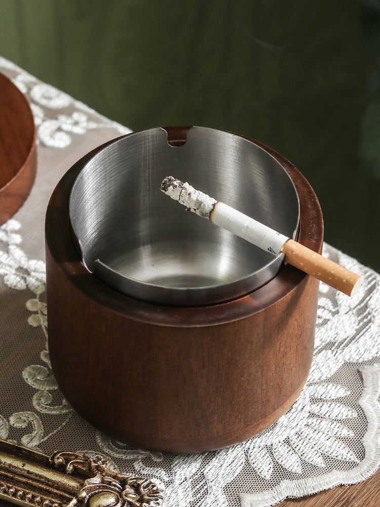 Smokeless Outdoor Ashtray With Lid Wooden With Metal Inlay
