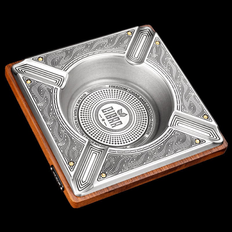 Square Cigar Ashtray Wooden Vintage With Silver