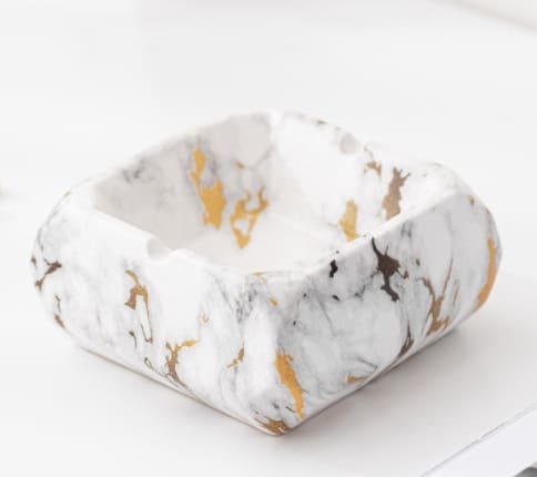 Square Marble Textured Ceramic Ashtray Golden Grey