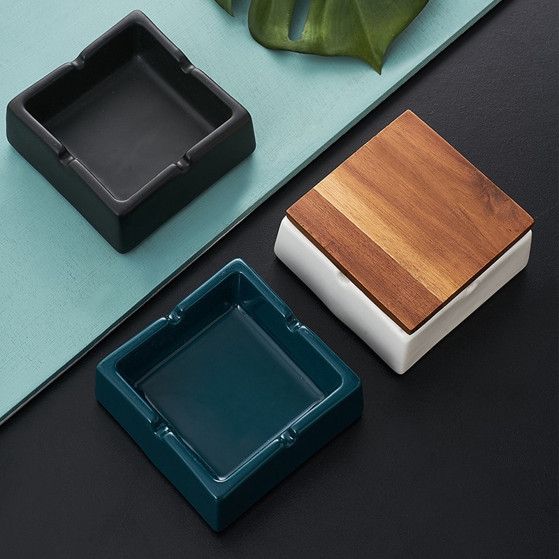Three Stylish Ashtrays Black Blue White Ceramic