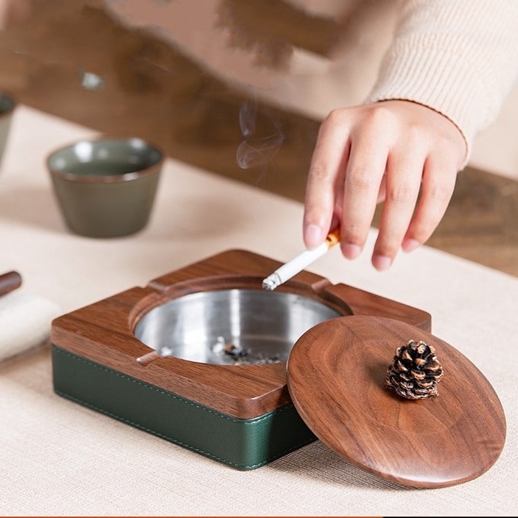 Walnut Ashtray With Lid For Outdoor And Indoor