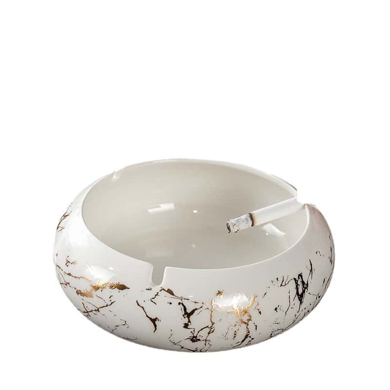 White And Golden Round Ceramic Ashtray With Paintings