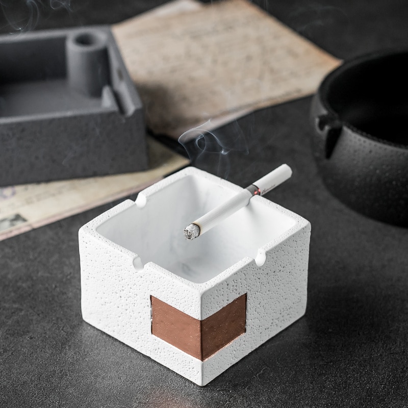 White And Tall Cement Ashtray Square Shape