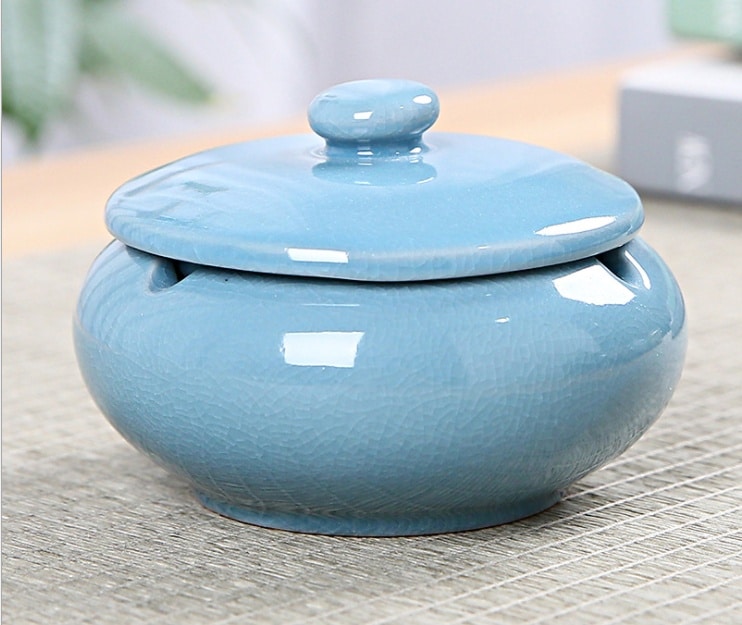 Windproof Outdoor Ashtray With Lid Blue Ceramic Perfect For Garden