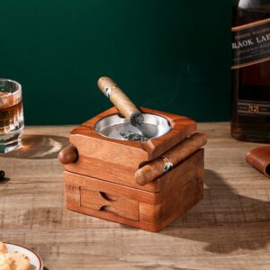 Cigar Ashtray & Whiskey Cup Holder With Drawer (Wood)