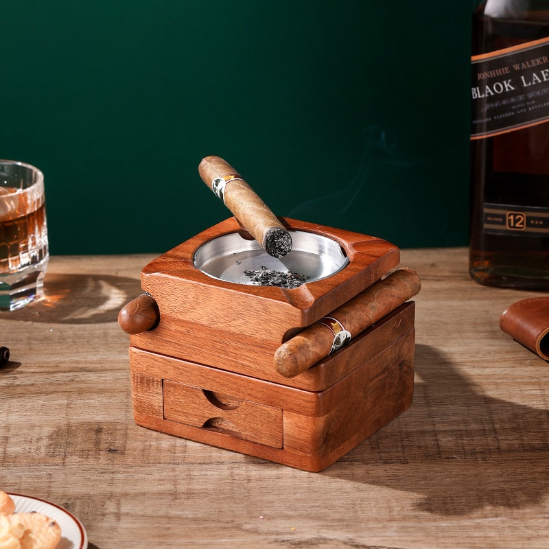 Wooden Cigar Ashtray And Whiskey Cup Holder