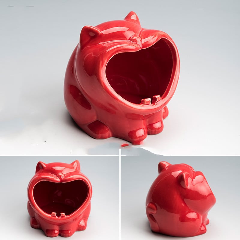 Yawning Cat Ashtray Red Ceramic