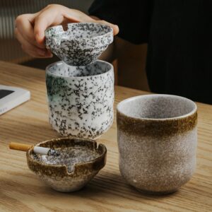 Ashtray With Funnel Lid - Outdoor Ceramic Ash Tray For Patio