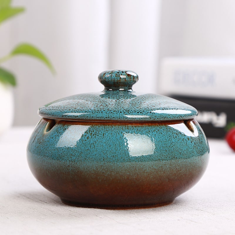 Ashtray With Lid Ceramic Glossy Blue