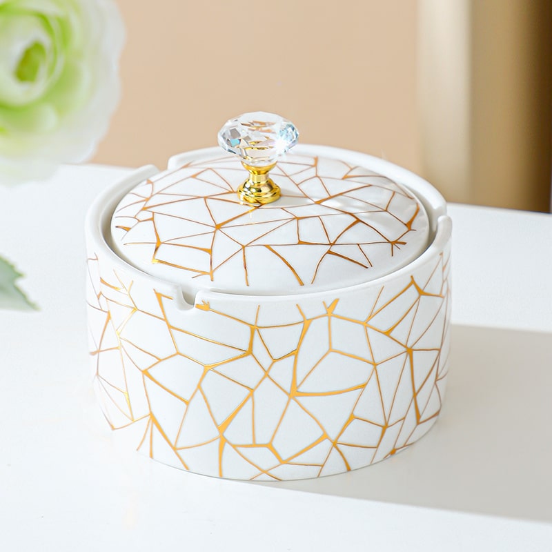 Ceramic Ashtray White With Golden Lines