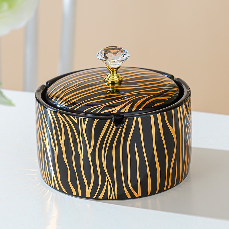 Ceramic Ashtray With Lid Black Ceramic With Golden Lines