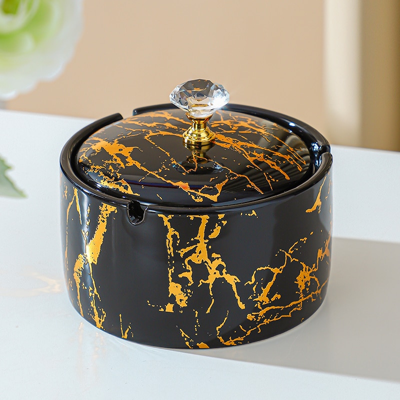Ceramic Ashtray With Lid Black With Golden Pattern