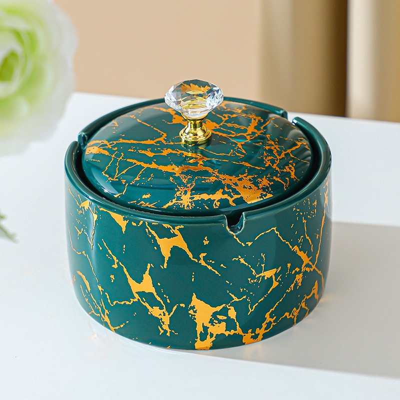 Ceramic Ashtray With Lid Green With Golden Pattern