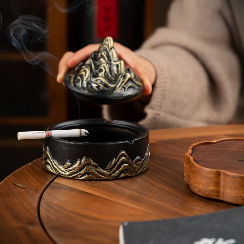 Ceramic Ashtray With Lid Mountain Design