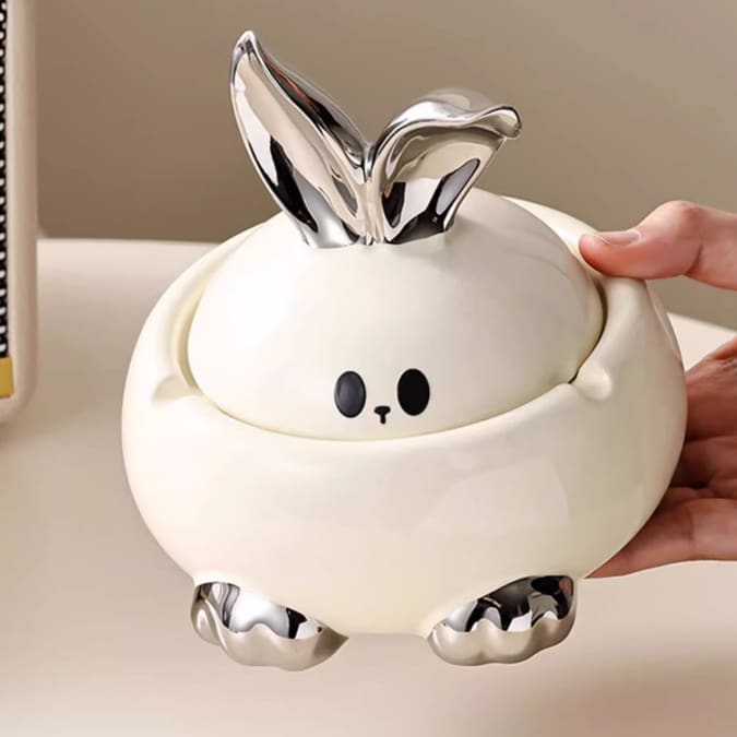 Cute Bunny Ashtray White Ceramic With Silver Ears