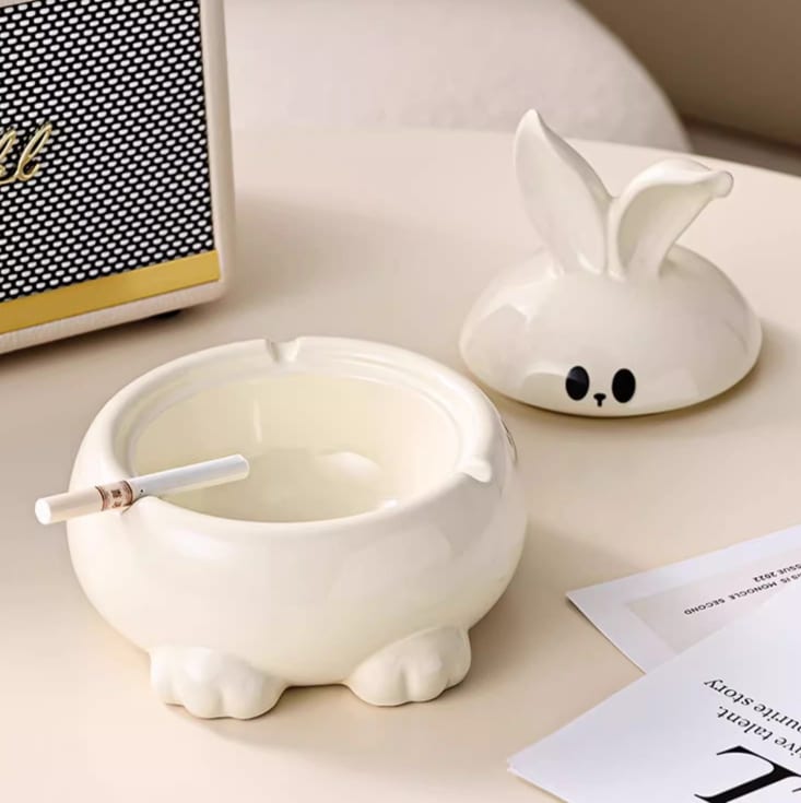 Cute Bunny Ashtray With Lid Ceramic White