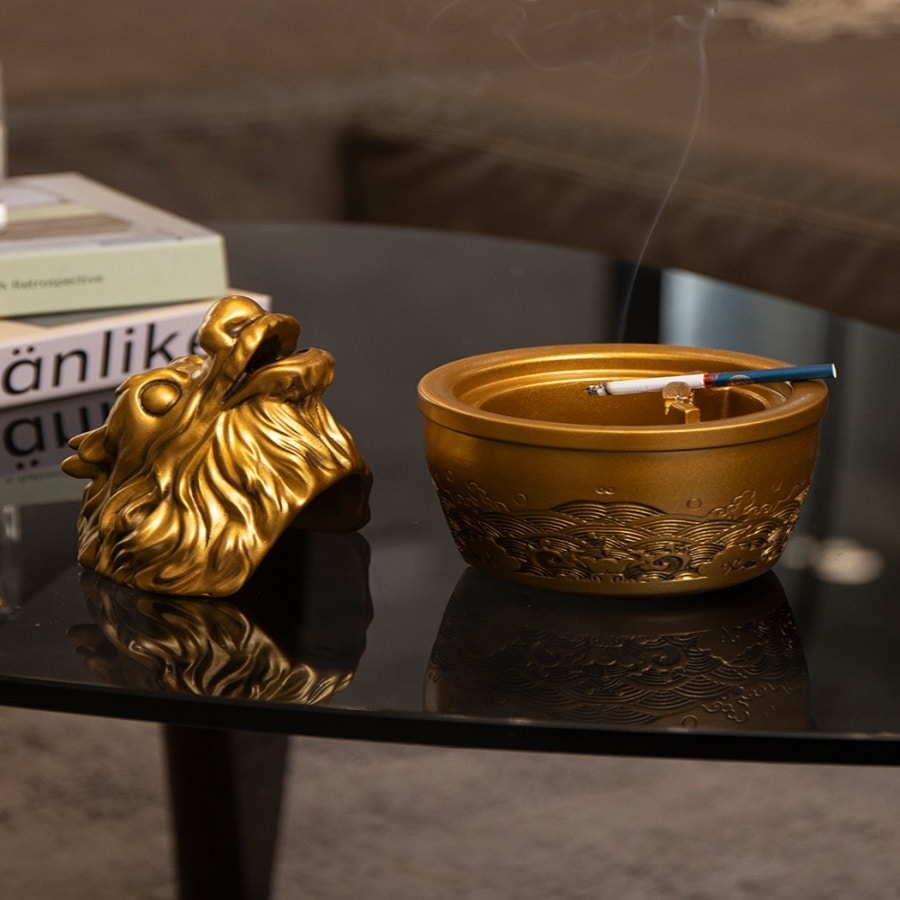 Dragon Resin Ashtray With Lid Golden Resin