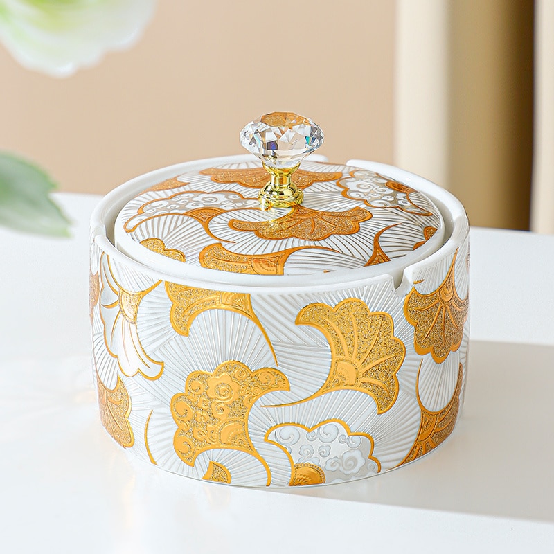 Gingko Ceramic Ashtray With Lid Beautiful White Golden Ash Tray