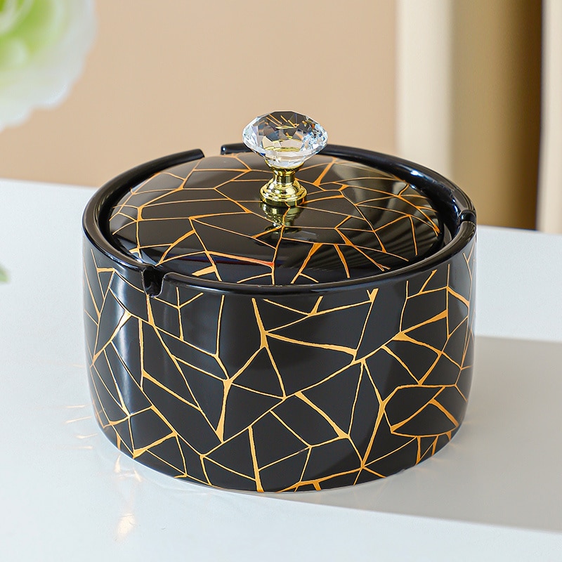 Lid Ashtray Black Ceramic With Golden Pattern