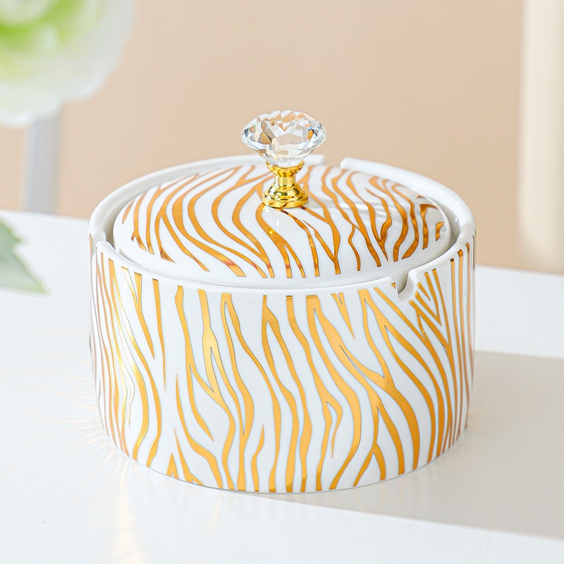 Lid Ashtray White Ceramic With Gold Lines