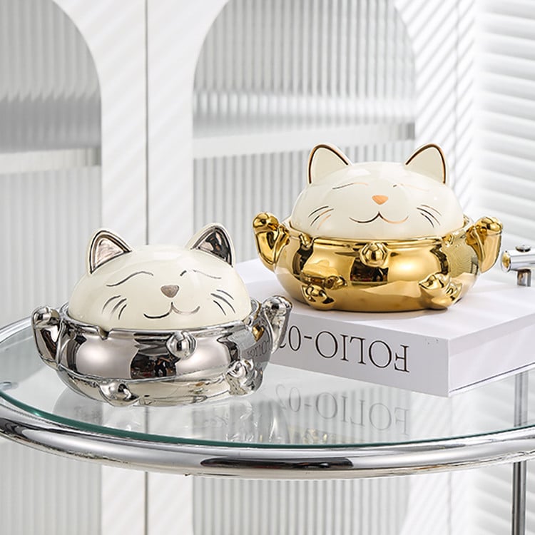 Lucky Cat Ceramic Ashtray With Lid