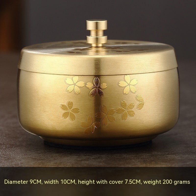 Metal Ashtray With Lid Flowers Covered Golden Stainless Steel