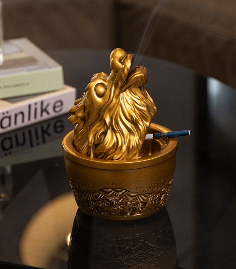Resin Ashtray With Lid Golden Dragon Head