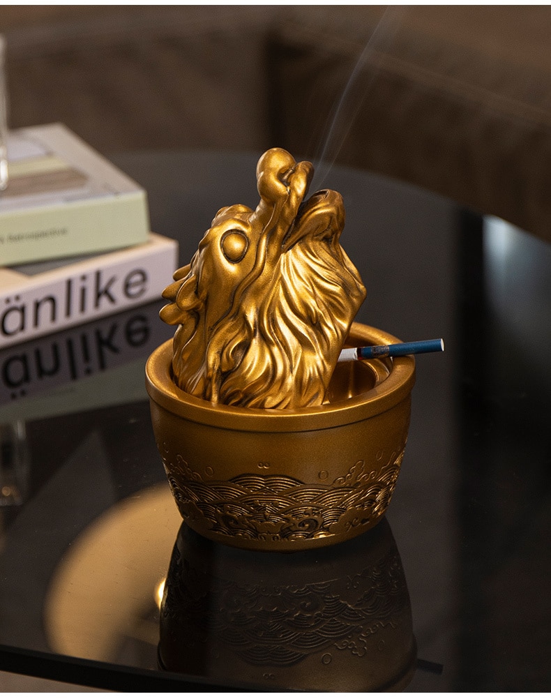 Resin Ashtray With Lid Golden Dragon Head